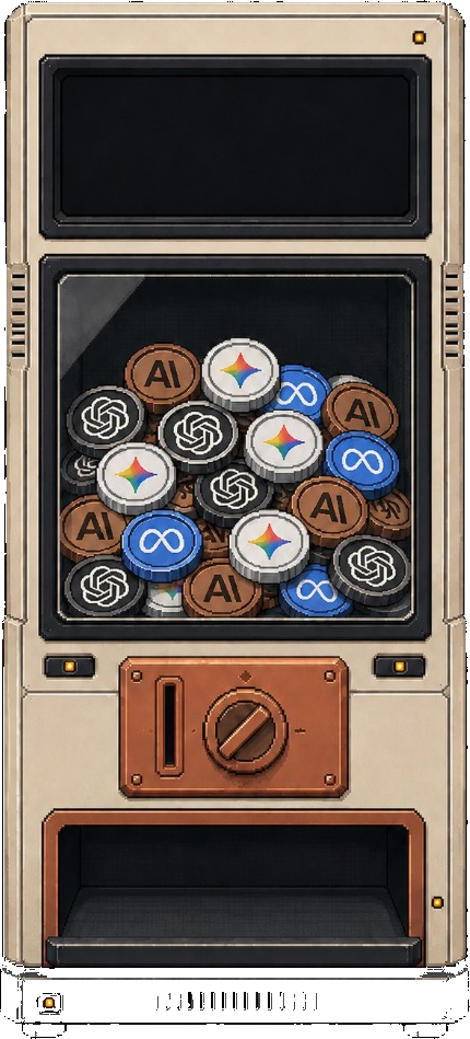 Pixel-art Straitly token vending machine dispensing AI model tokens