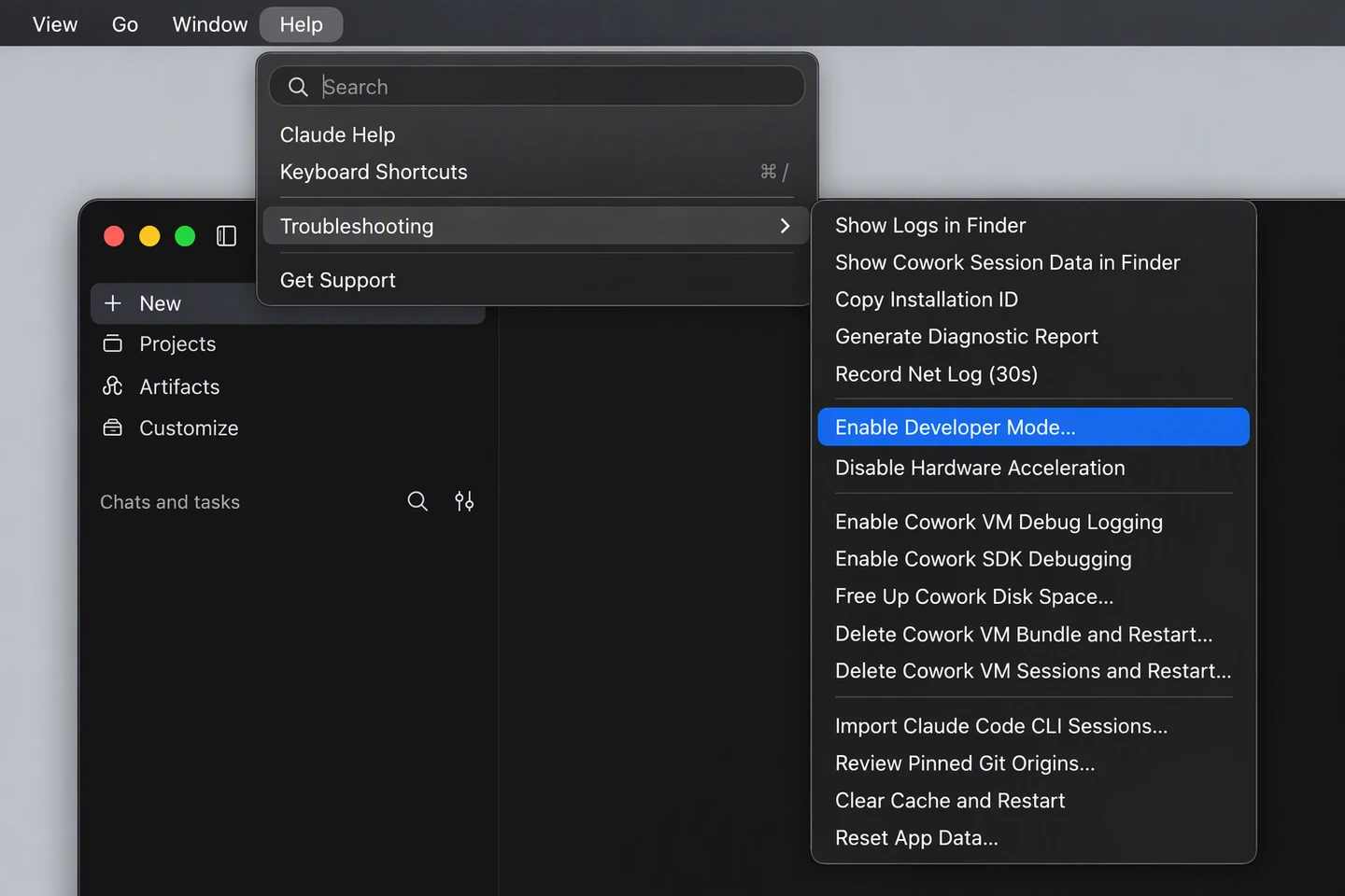 Claude's Help menu with Troubleshooting open and Enable Developer Mode highlighted