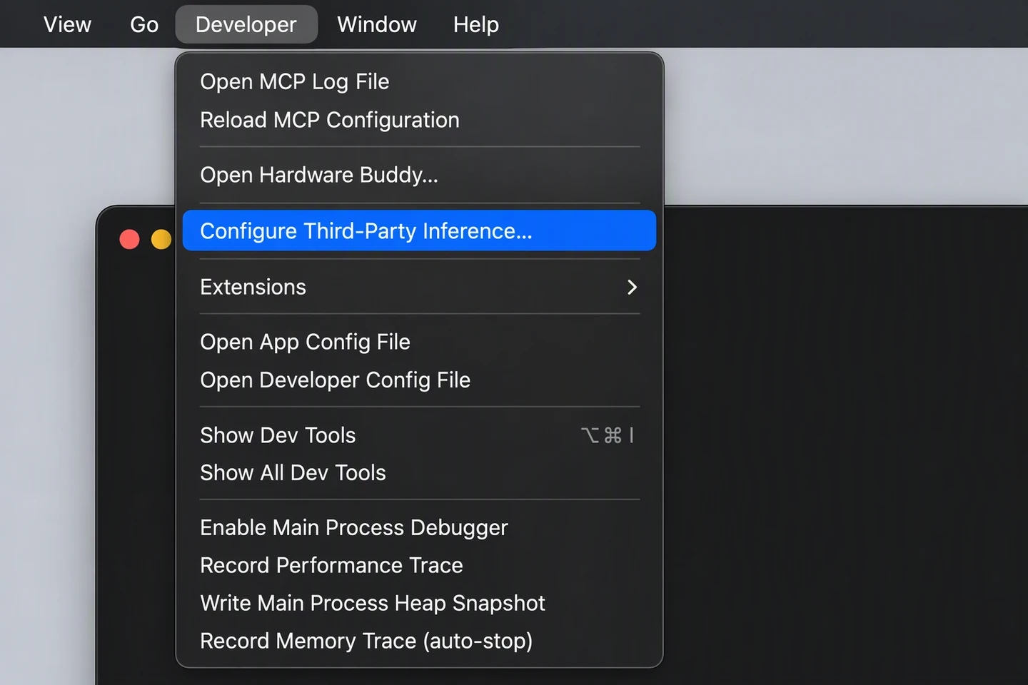 Claude's Developer menu with Configure Third-Party Inference highlighted