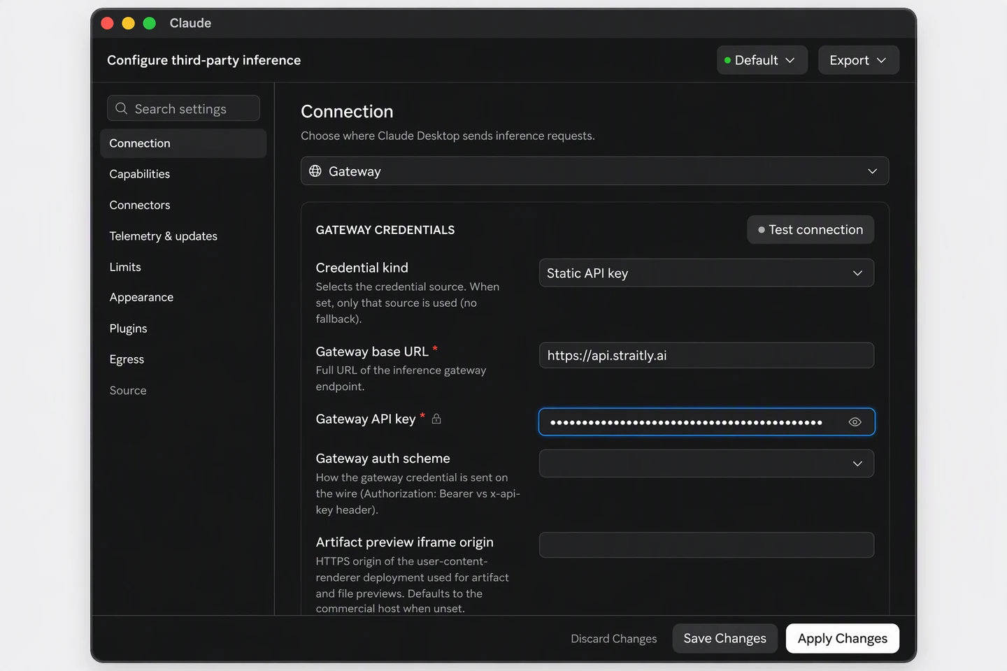 Configure third-party inference: Gateway, Static API key, base URL https://api.straitly.ai and a hidden API key