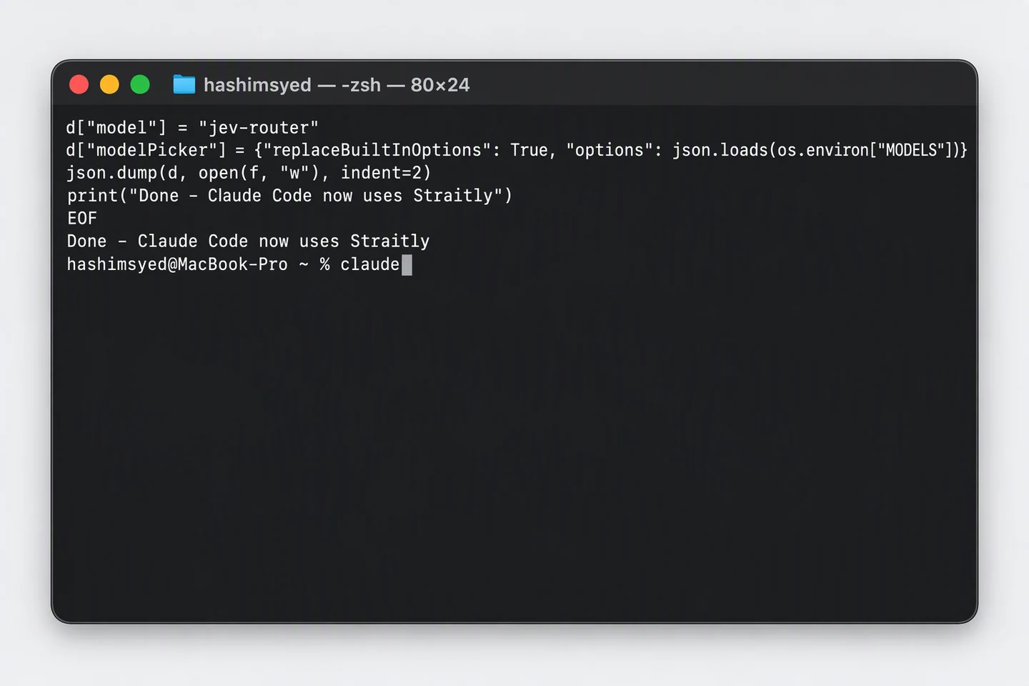 Terminal after pasting the command, showing Done - Claude Code now uses Straitly