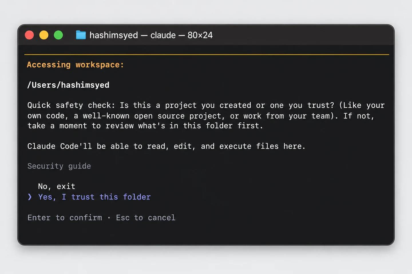 Claude Code asking whether you trust the folder, with Yes selected