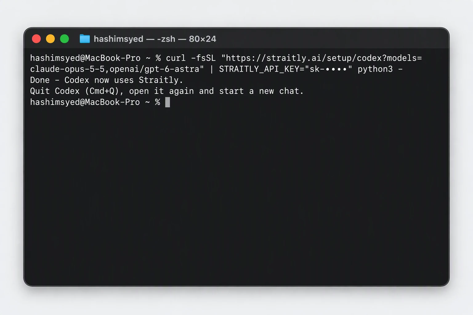Terminal after pasting the command, showing Done - Codex now uses Straitly