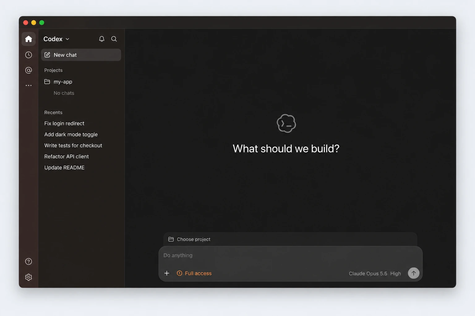 The Codex app on a new chat with Claude Opus 5.5 selected