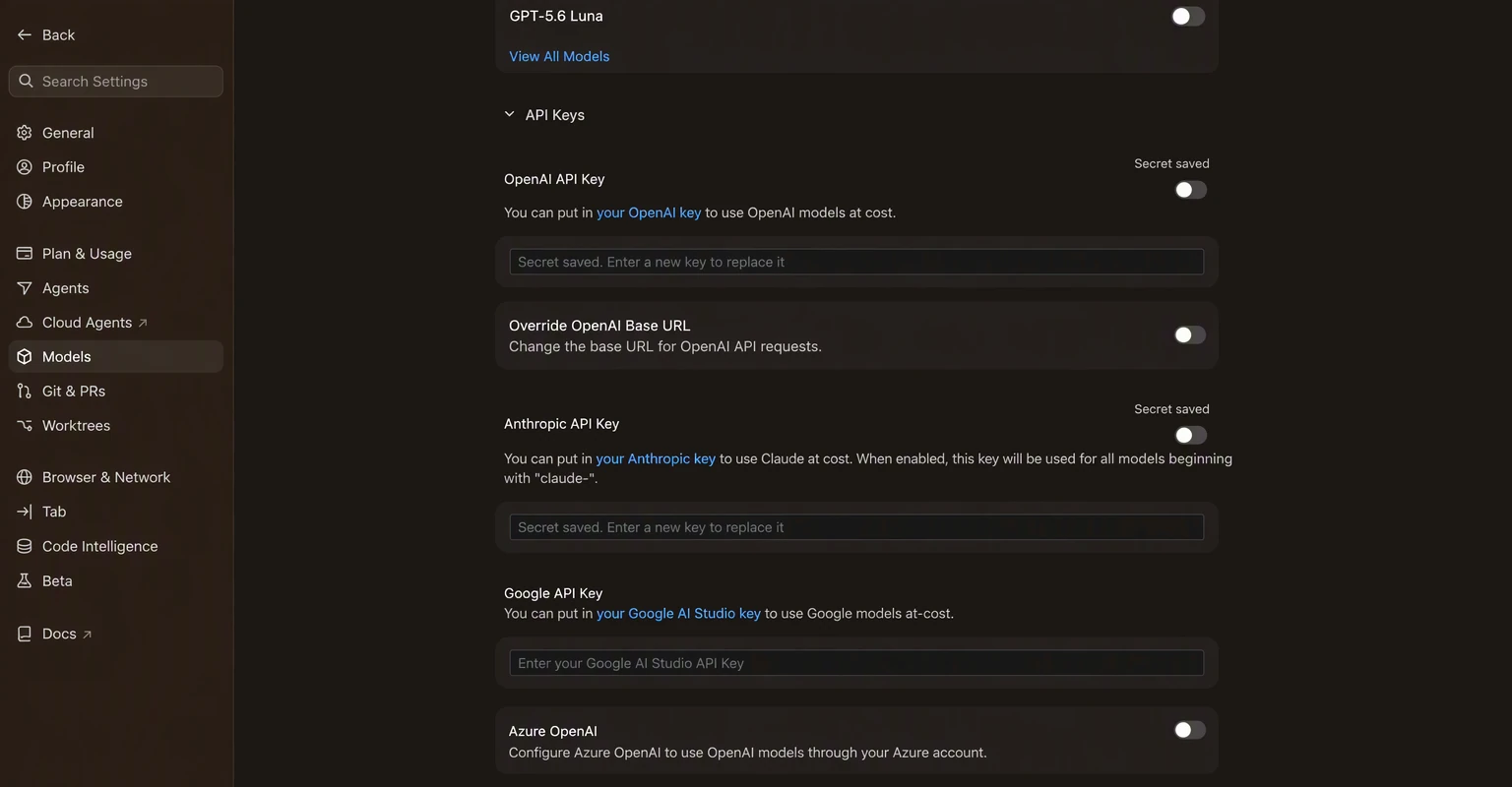 Cursor Settings, Models page, API Keys section