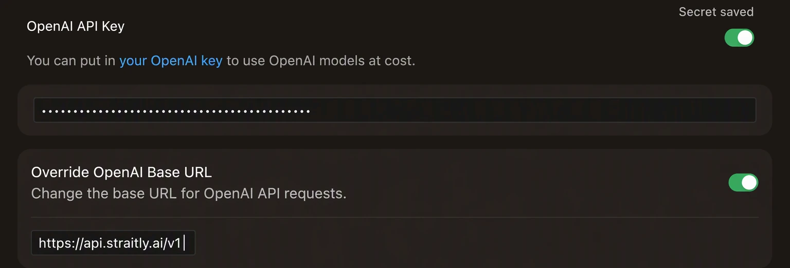 OpenAI key and Straitly base URL filled in